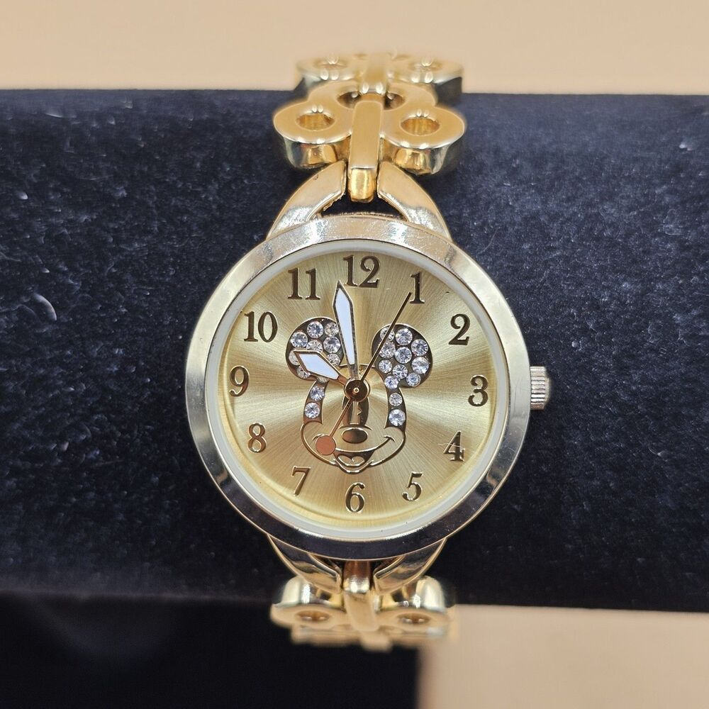 Disney Minnie Mouse Gold Tone Rhinestone Watch MCKAQ1369 Mickey Head Link Band
